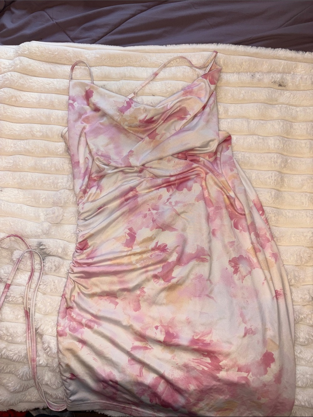 Pink Floral Satin Slip Dress with Cowl Neck